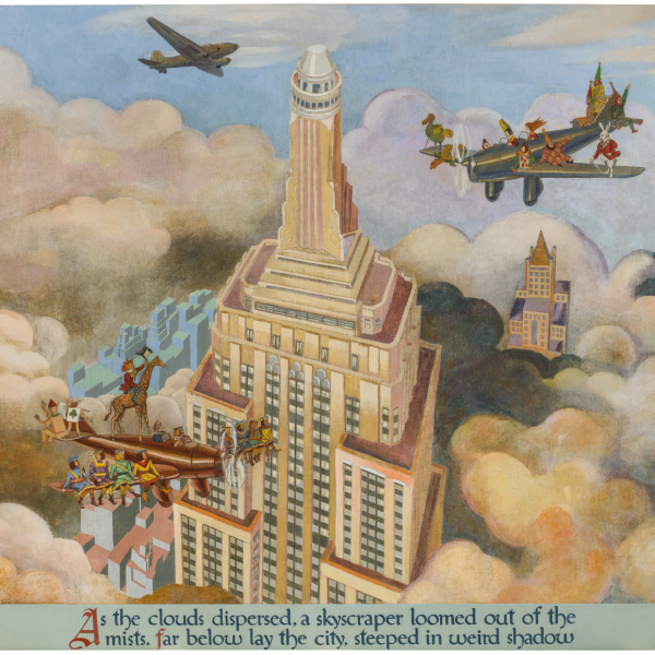 Illustration of characters from Alice in Wonderland on the Empire State Building