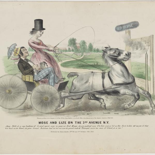 Image of Lize the Bowery girl driving a horse and cart.
