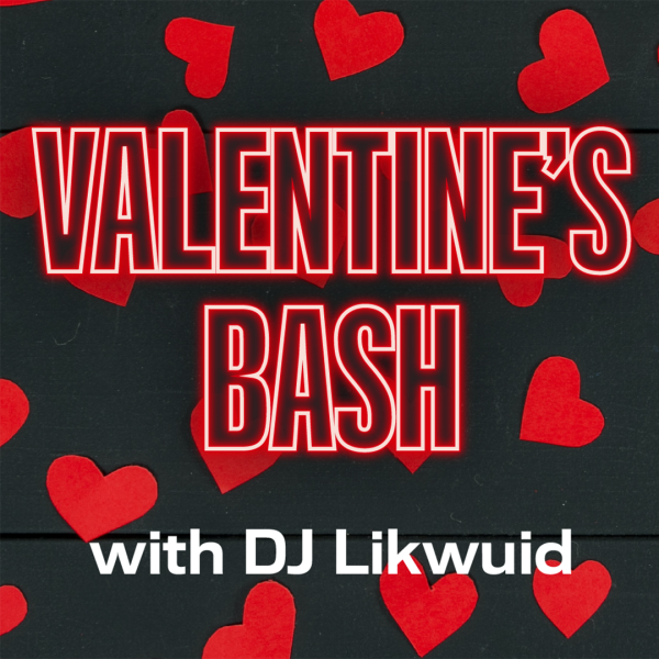 黑色背景中的红心，文字为“Valentine's Bash with DJ Likwuid