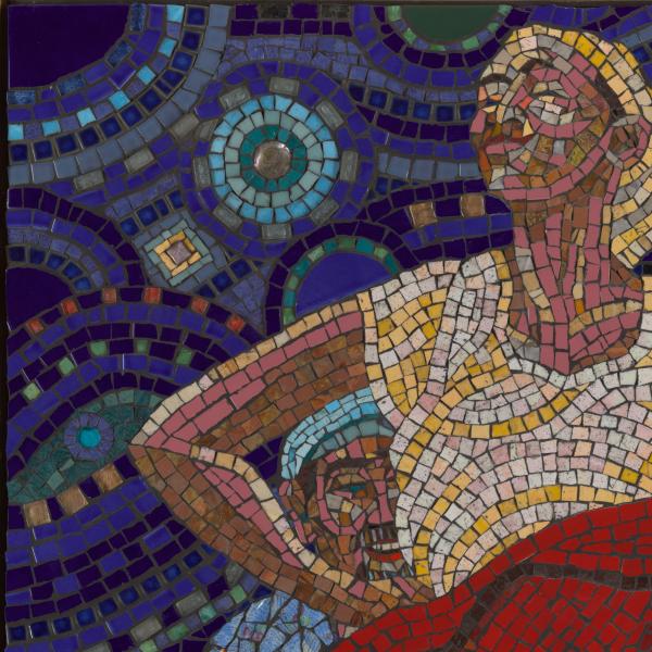 A mosaic of a woman with a red skirt. 