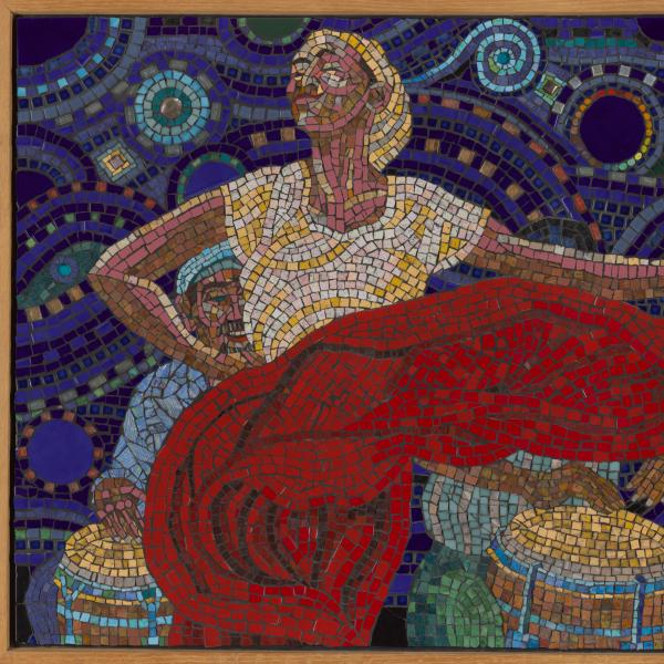 A mosaic of a woman holding her red skirt.