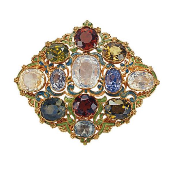 Tiffany & Co. brooch, 1900. Platinum, gold, diamond, pearls, ruby, garnet, sapphire • © Tiffany & Co. Archives 2013. (Not to be published/reproduced without permission. No permission for commercial use will be granted except by written agreement.)