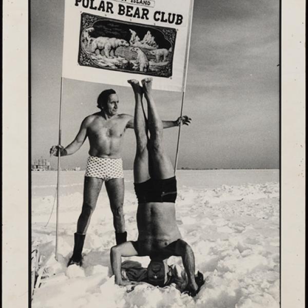 An outdoor photo acquired by the museum's collections team of two men who is apart of the Coney Island Polar Bear Club.