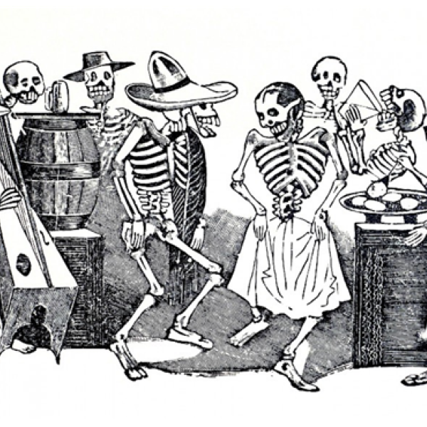 Illustration of a group of skeletons. Some dancing, in the background, others play instruments, drink and eat.