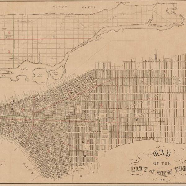 Mapa de planificación para el sistema de red de la ciudad de Nueva York. El mapa muestra todo Manhattan, con las calles y parques etiquetados.