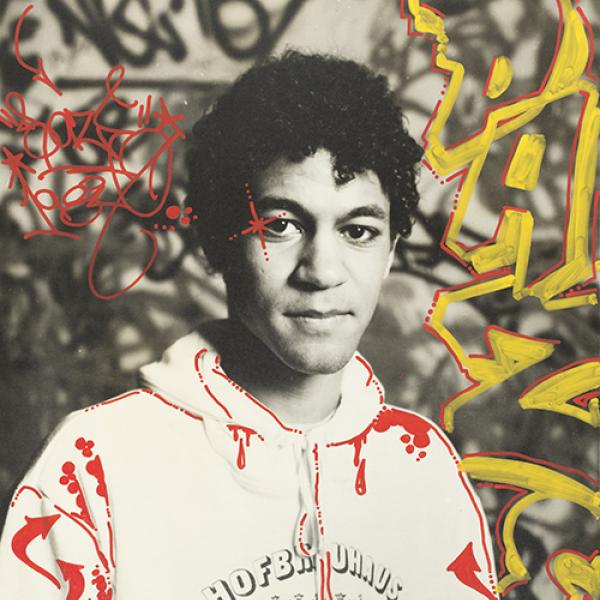 Portrait of Daze. Photograph by Tom Warren, tagged by Christopher “Daze” Ellis 1983. Acrylic on gelatin silver print.