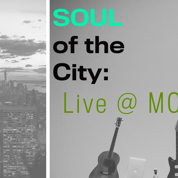 Image de la série Soul of the City : gratte-ciel et instruments tenus dans les airs.