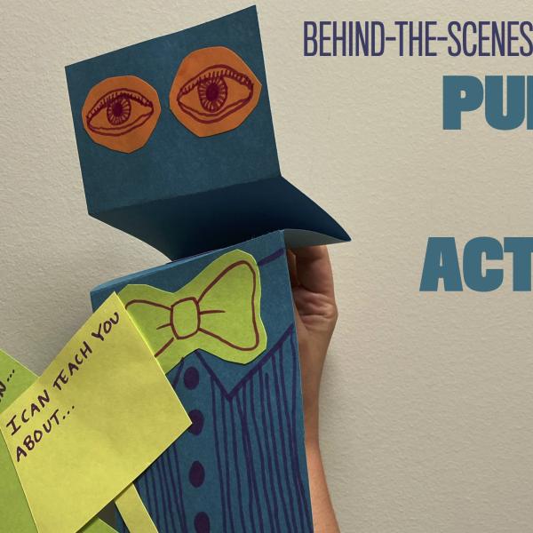Puppet next to title treatment "Puppets and Activism"