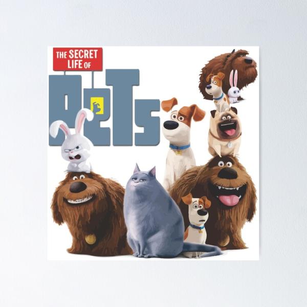 "The Secret Life of Pets" title in the upper left corner background with the pets - two rabbit, one cat, and seven dogs standing in the foreground