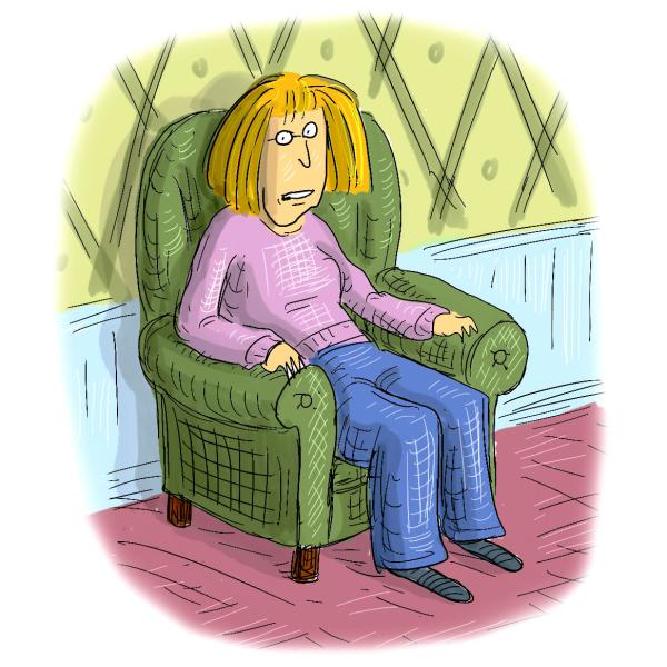 Roz Chast cartoon, self portrait in a chair