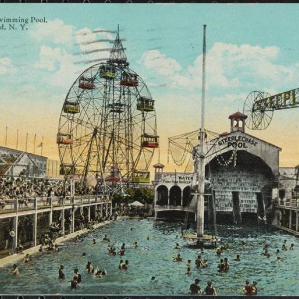 A postcard featuring the Steeple Chase at Coney Island, Brooklyn