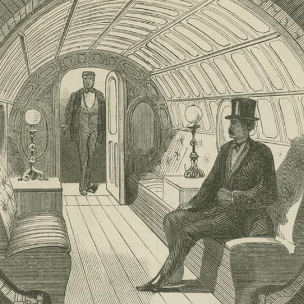 "Under Broadway - Interior de carro de passageiro", ilustração da Broadway Pneumatic Underground Railway, 1871, na Ephemera Collection. Museu da cidade de Nova York. 42.314.142