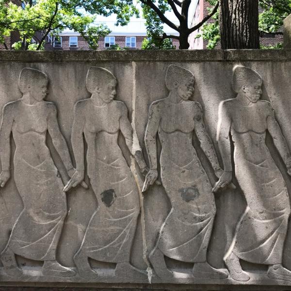 a Photograph of a detail of Richmond Barthé's Exodus and Dance frieze at Kingsborough Houses