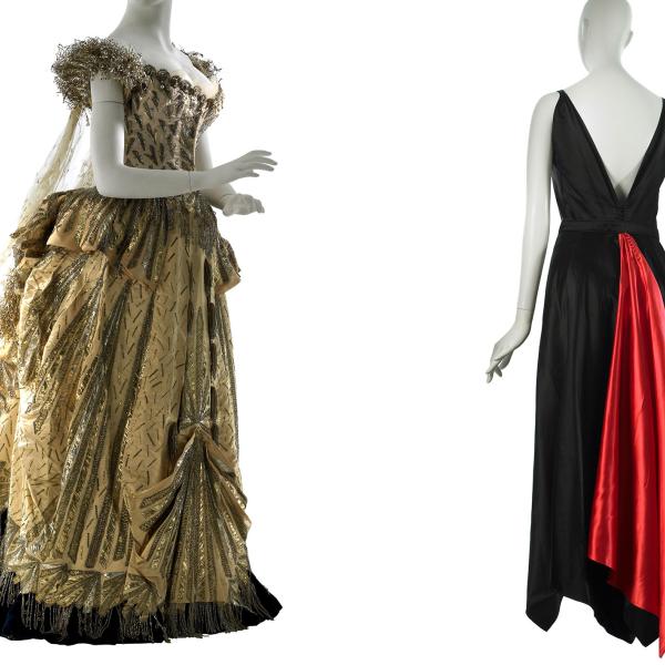 Imagen de dos vestidos de noche, de oro y confeccionados por Maison Worth, en negro y rojo y fabricados por Mainbocher.