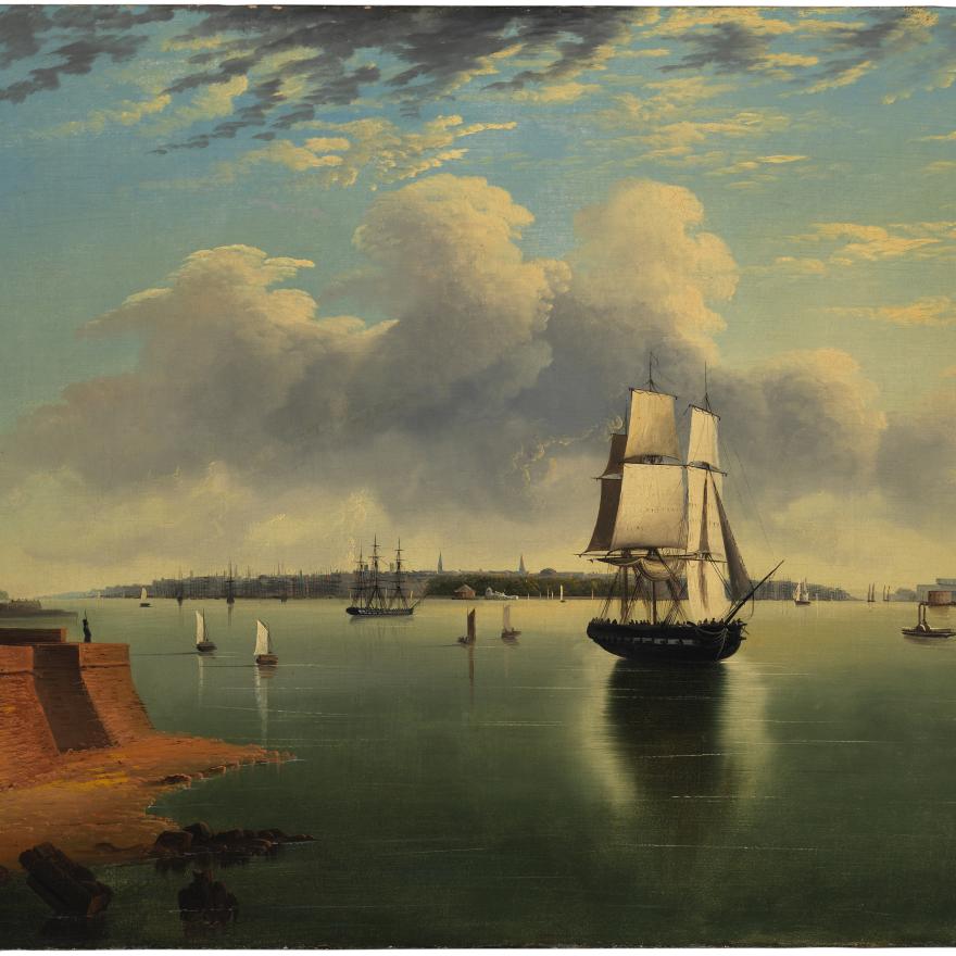 An 1841 historical painting of a tall ship sailing at sunrise with clouds in the sky in New York Harbor. A military fort made of sandstone is painted on the left of the ship, with Manhattan and Brooklyn pictured in the distance. 
