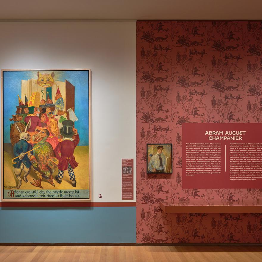 A large mural panel showing Alice and other characters exploring New York City, next to a red wallpapered wall.