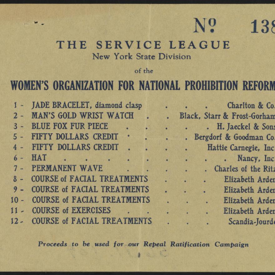 Ticket Stub, The Service League, Division de l'État de New York de la Women's Organization for National Prohibition Reform