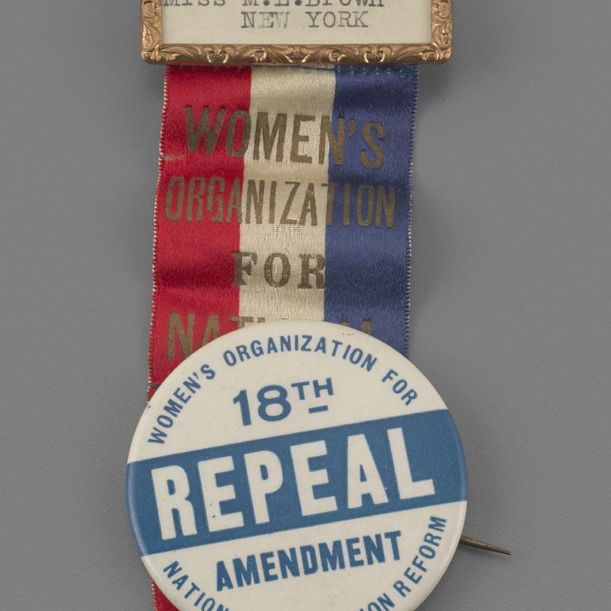 Distintivo de Margaret Brown Remington, Secretária do Comitê de Reuniões do Estado de Nova York da Organização das Mulheres para a Reforma Nacional da Proibição