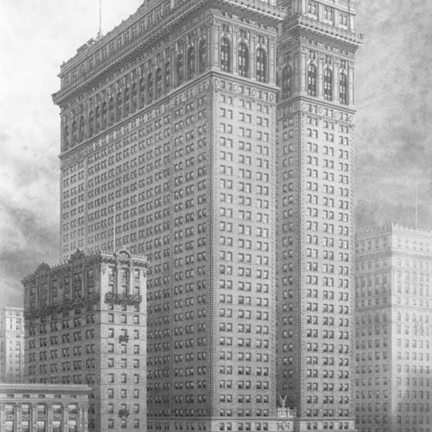 Drawing of a tall building in NYC, surrounded by smaller buildings and people and vehicles on the street