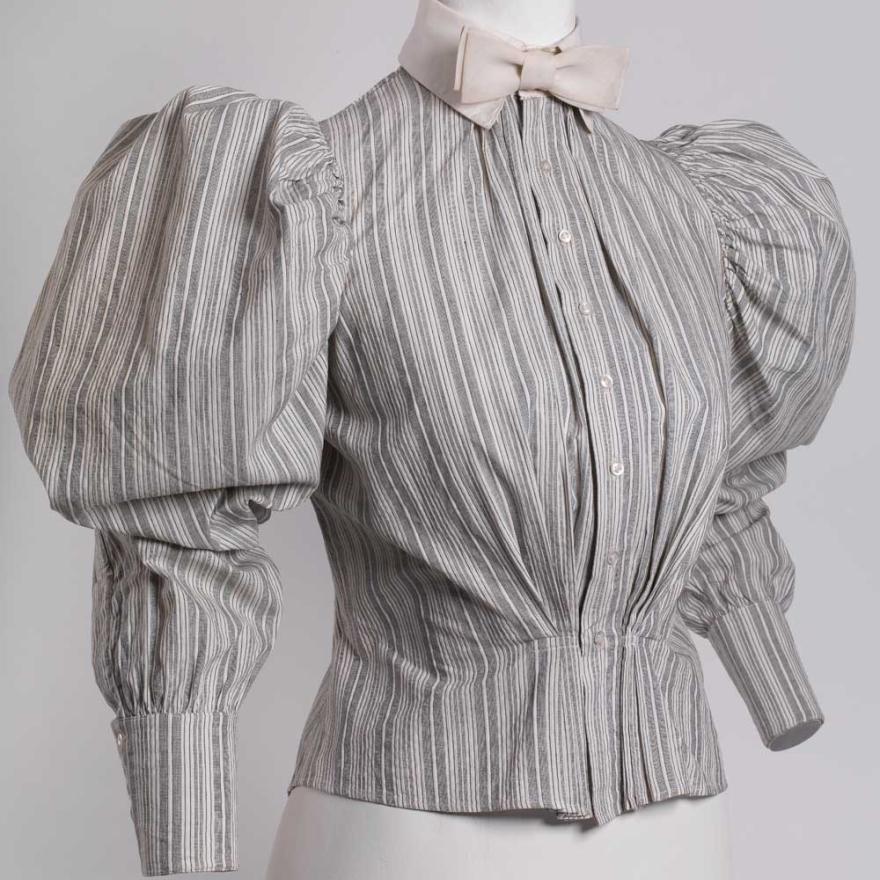 Gray and white striped cotton shirtwaist with linen collar tied in a bow tie