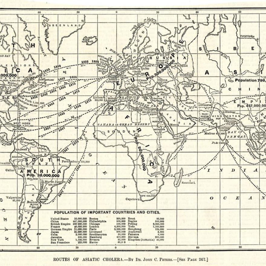 世界黑白地图，路径显示了在不同国家之间旅行的路线