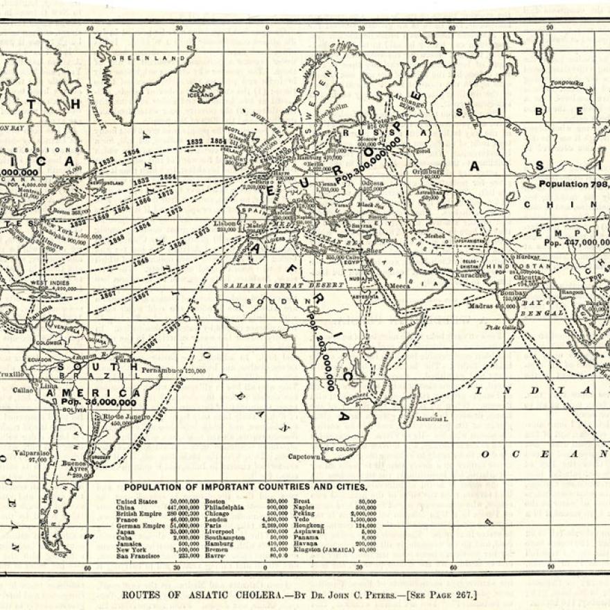 Black and white map of the world, with paths demonstrating the routes taken to travel between different nations