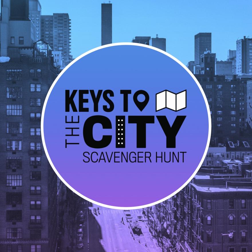 뉴욕시 건물의 그래픽 배경에는 "Key to the City"라는 텍스트가 있습니다.