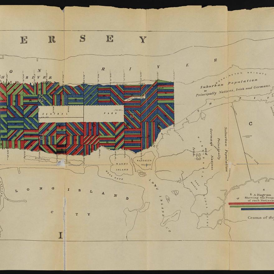 Carte de la ville de New York montrant la répartition des principales nationalités par districts sanitaires.