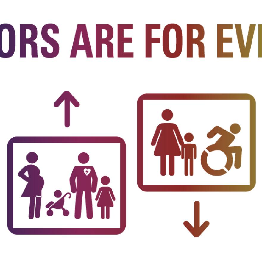 A graphic reads, "Elevators are for everyone." Illustrations of various people in squares.