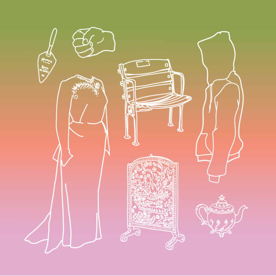 A graphic image of various objects including a teapot, a bench and a dress. 