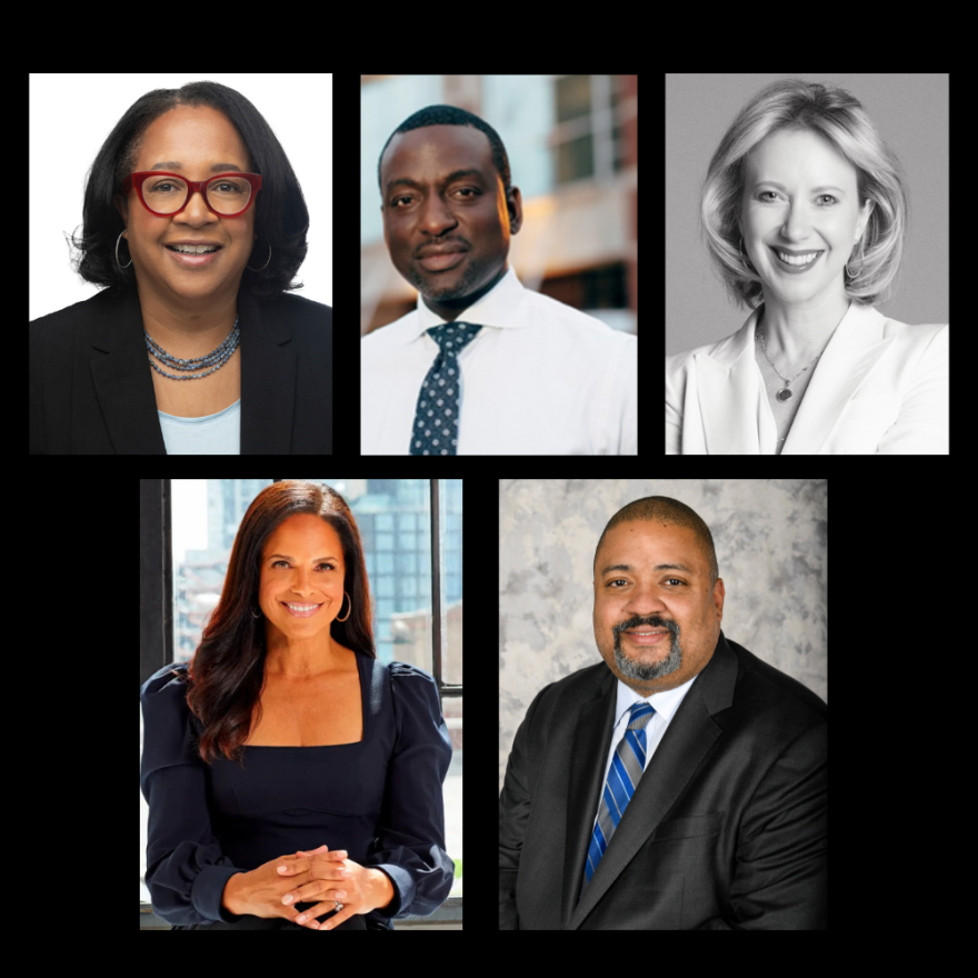 Headshot collage: Top Row (left to right): Christina Swarn, Yusef Salaam, Lucy Lang; Bottom Row (left to right): Soledad O’Brien, Alvin Bragg