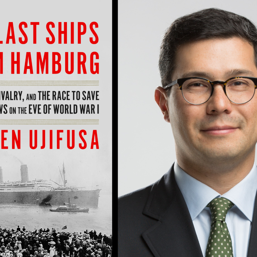 The cover of a book about World War One next to an image of a man in a suit 