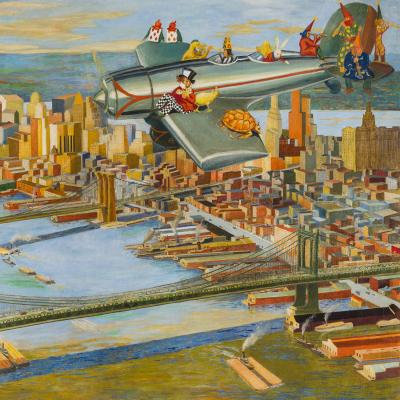 Characters from Alice in Wonderland flying over Manhattan in a small airplane