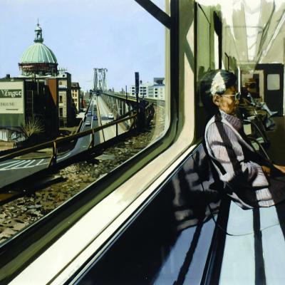 Pintura de una persona sentada en el tren M cruzando el puente de Williamsburg
