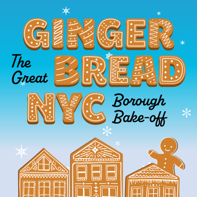 Gingerbread NYC escrito em biscoitos de gengibre. Os topos de três casas de pão de gengibre ficam abaixo, com um boneco de gengibre aparecendo no topo da que está na extrema direita.