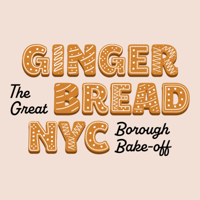 アイスクッキーで形作られた「Gingerbread NYC」というテキストと「The Great Borough Bake-off: 黒の文字で書かれたグラフィック。