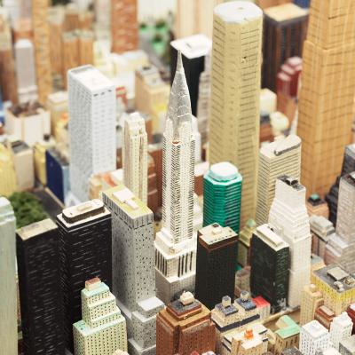 Miniature buildings from New York City carved out of wood