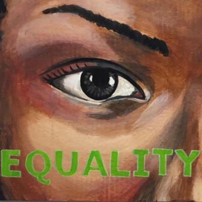 Close-up of a painting of a woman’s eye, with the word “EQUALITY” written in green beneath it 