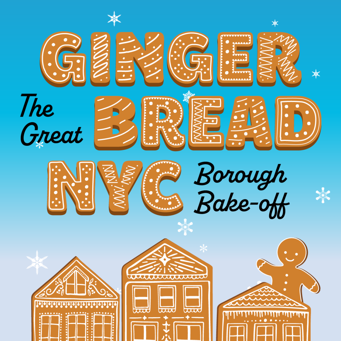 Gingerbread NYC écrit en biscuits au pain d'épice. Les sommets de trois maisons en pain d'épice se trouvent en dessous, avec une personne en pain d'épice jetant un coup d'œil au sommet de celle à l'extrême droite.