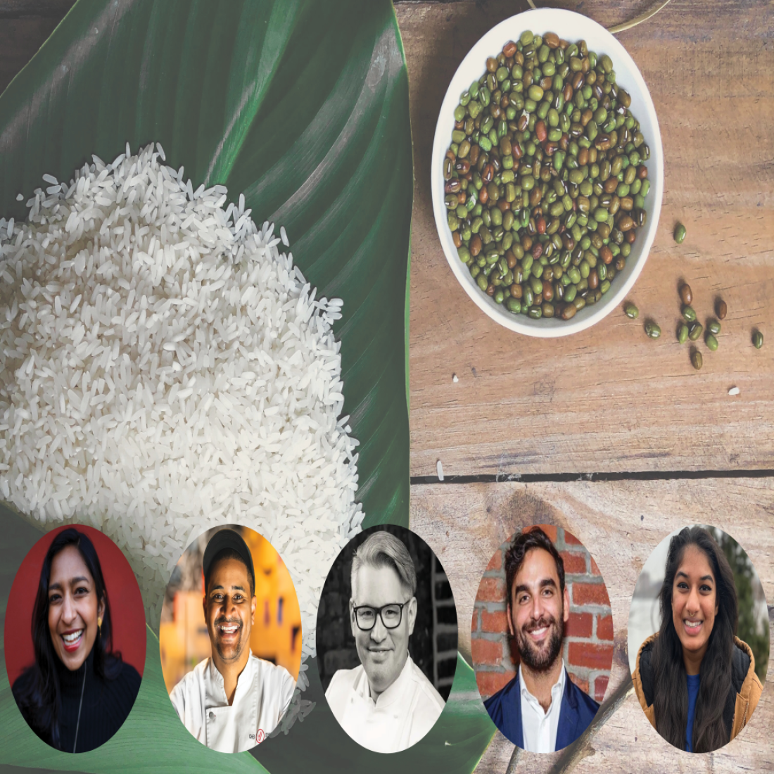A pile of uncooked white rice on top of a green leaf. To the right is a bowl of uncooked beans. On the lower right corner is a headshot of  Priya Krishna, Chef JJ Johnson, Oscar Lorenzzi, and  James Gonzalez Anisha Rathod