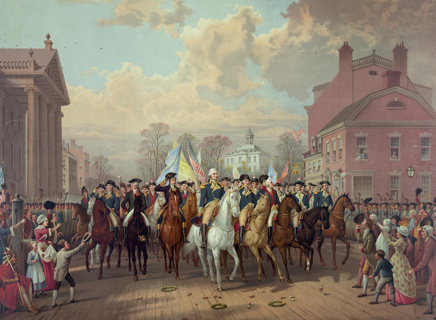 George Washington and other officers riding on horseback down a city street, with a crowd watching