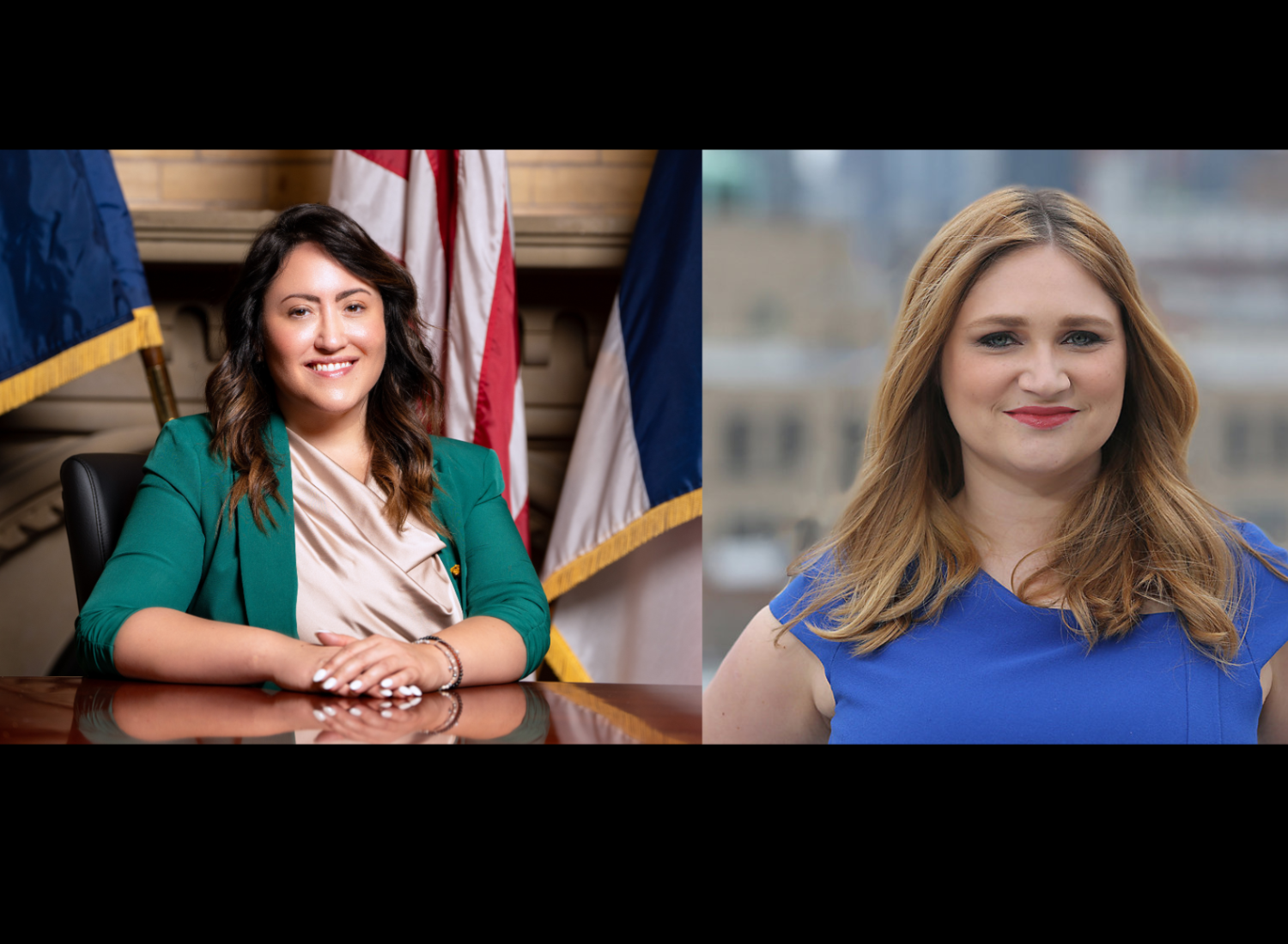 Two women in separate portraits: the woman on the left is seated at a desk with U.S. flags in the background, wearing a green blazer and light blouse; the woman on the right is standing outdoors with a cityscape backdrop, wearing a royal blue dress and smiling