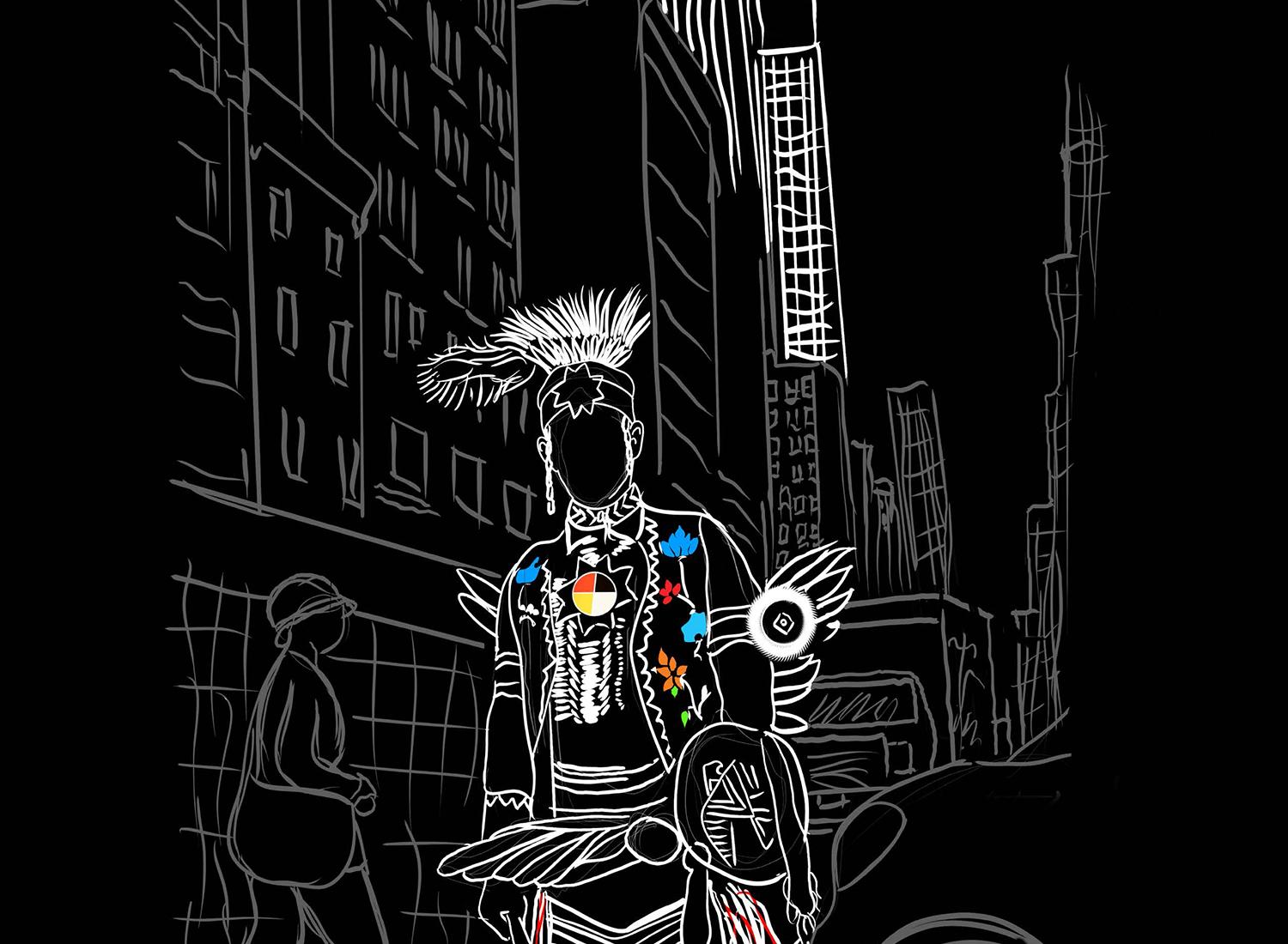 A white line drawing against a black background by artist June Lee Van Dunk