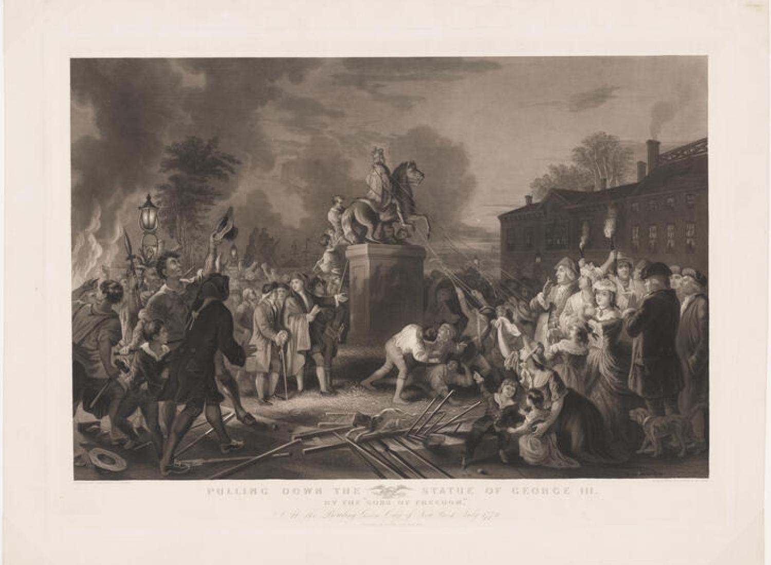 A black-and-white print from 1859 depicting a nighttime scene of an angry crowd of New Yorkers from the colonial period pulling down an equestrian statue of King George III.