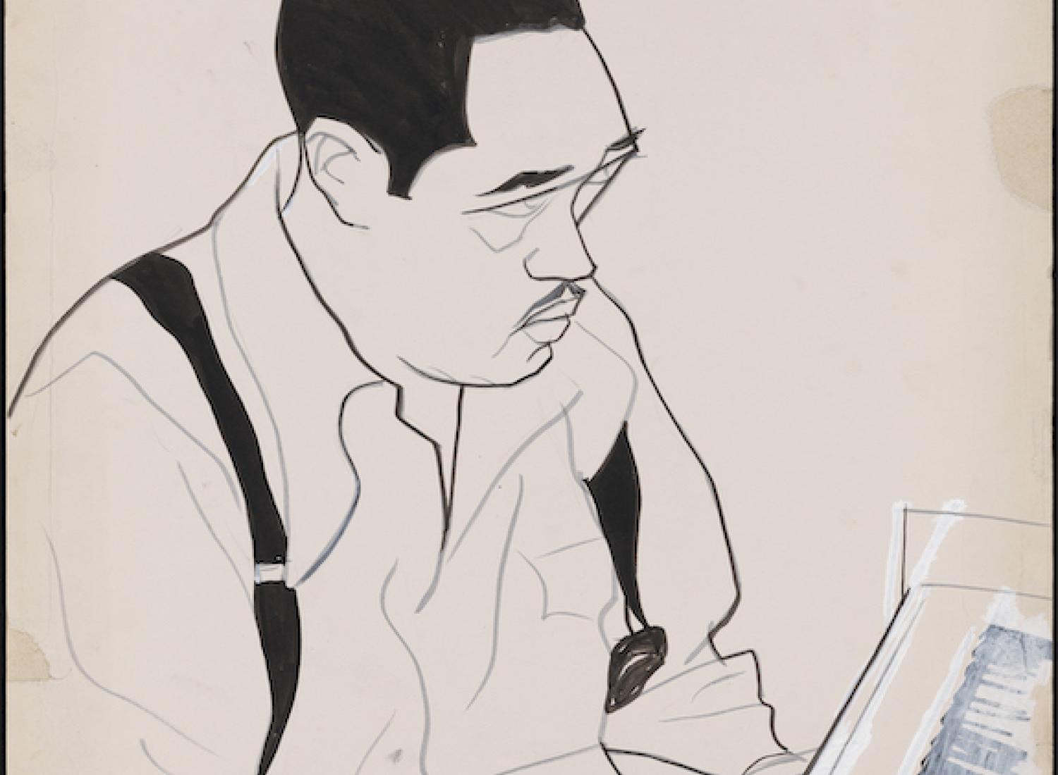 Drawing of Duke Ellington at a piano.