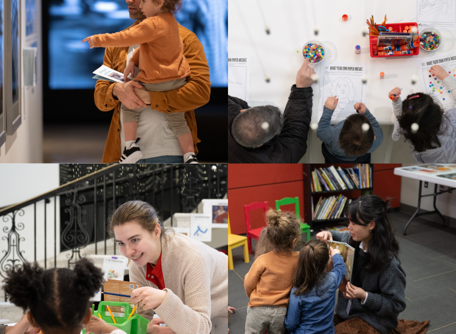 Photo collage: [Bottom Right] A man holds a toddler as they look at paintings. [Bottom Left] A woman smiles at a small child making art. Top Right] A man and two small children draw at a table. [Bottom Right] An adult reads a book to a group of toddlers. [