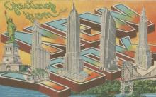A vintage postcard that reads 'Greetings from New York' with featured New York City skyscrapers.