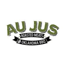 Green letters that spell Au Jus with a banner that says Roasted Meats Oklahoma BBQ
