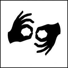 Graphic showing two hands - the symbol for sign language interpretation. 