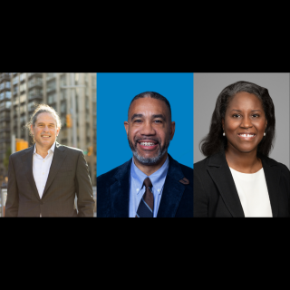 Separate photos of two men and a woman in professional attire